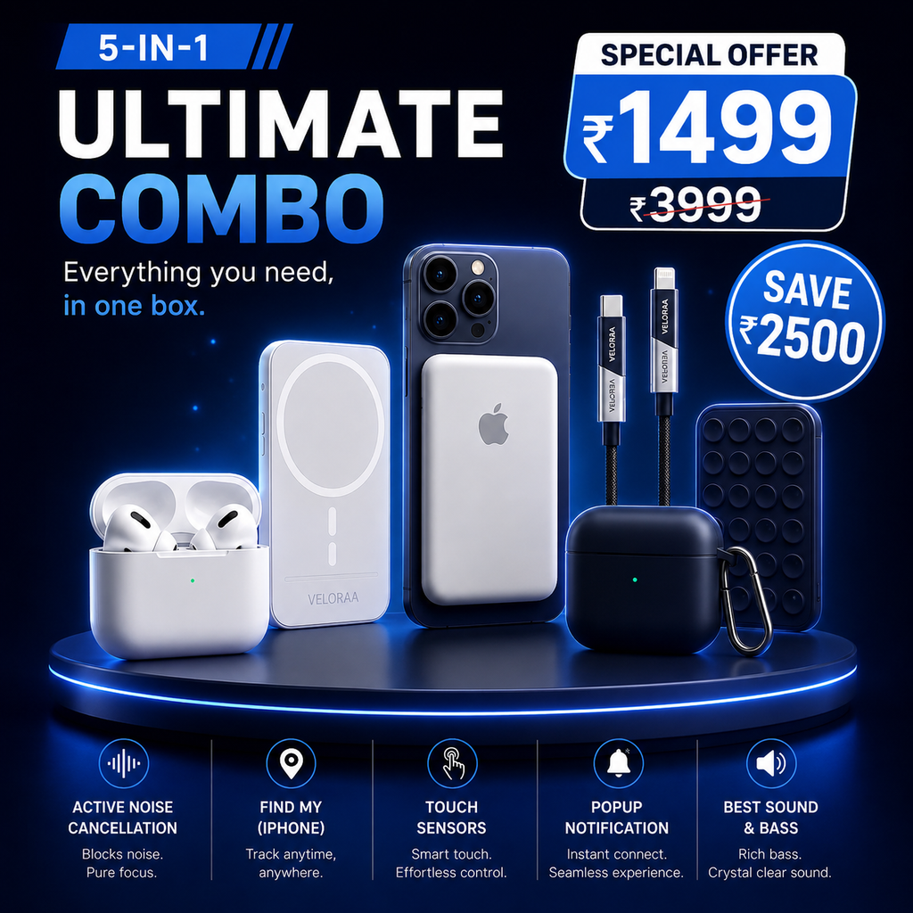 5 in 1 COMBO - ASPODS PRO 2 WITH FREE MAGSAFE POWERPACK 10000 MAH WITH FREE 4 IN 1 MULTI CHARGING CABLE, powerbank, pod cover, chipku