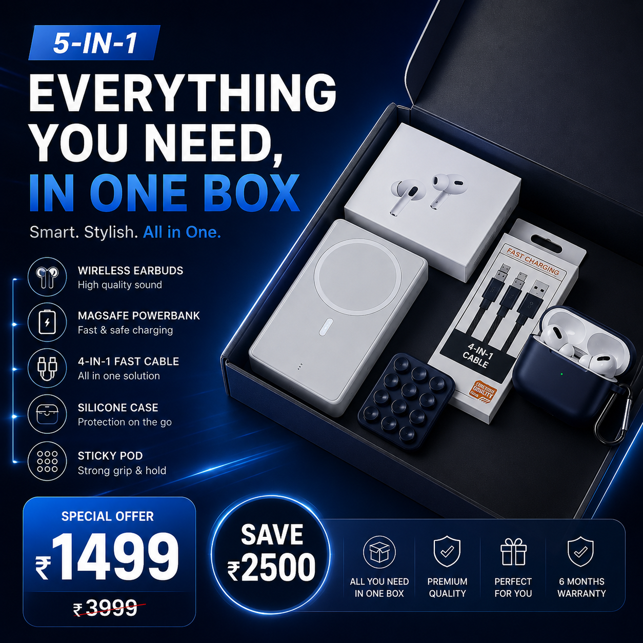 5 in 1 COMBO - ASPODS PRO 2 WITH FREE MAGSAFE POWERPACK 10000 MAH WITH FREE 4 IN 1 MULTI CHARGING CABLE, powerbank, pod cover, chipku