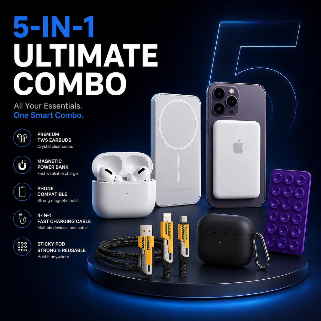 5 in 1 COMBO - ASPODS PRO 2 WITH FREE MAGSAFE POWERPACK 10000 MAH WITH FREE 4 IN 1 MULTI CHARGING CABLE, powerbank, pod cover, chipku